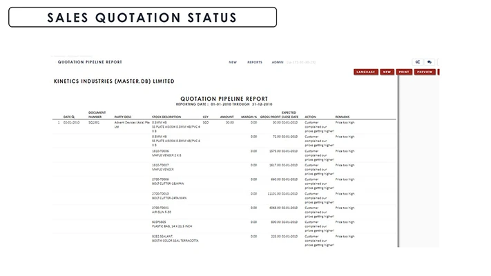 CRM Sales Quotation Status screenshot - Globe3 ERP Malaysia